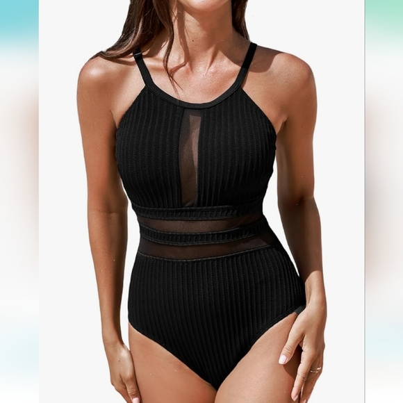 Cupshe Other - Cupshe Round Neck Back Cutout Textured/Mesh One-Piece - black